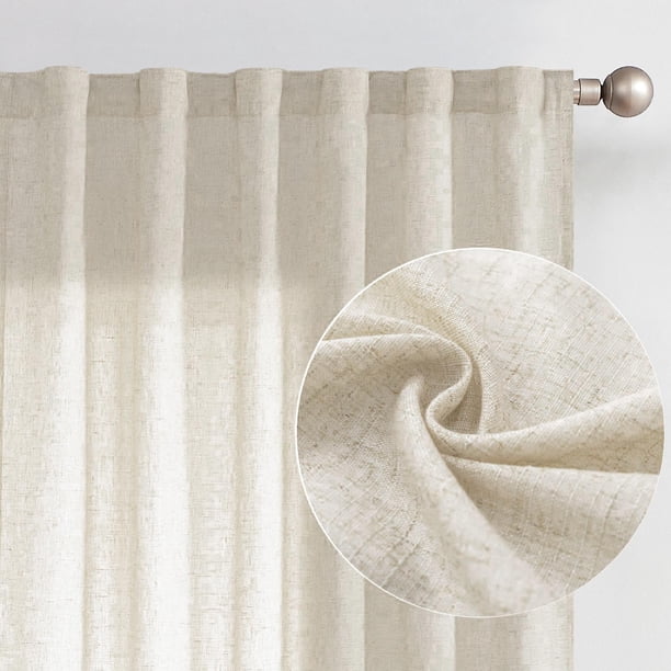 Cortinas Jinchan, mezcla de lino, color beige, 27,4 cm, extra largas, 2 paneles