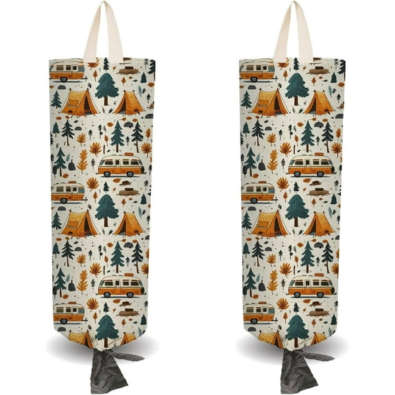 2Pcs Cloth Plastic Bag Holder Camping Theme 4 Adhesive Hook Grocery Pull Rope Free Adjustment Reusable Organizer Washable Wall Mount Hanging Storage Dispenser