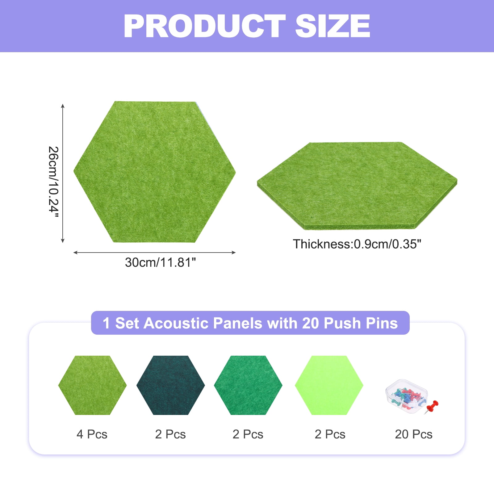 Uxcell 10 Pcs B1 Hexagon Acoustic Panels with Push Pins 11.81'' x 10.24'' Dark Green Bright Green Olive Green Green