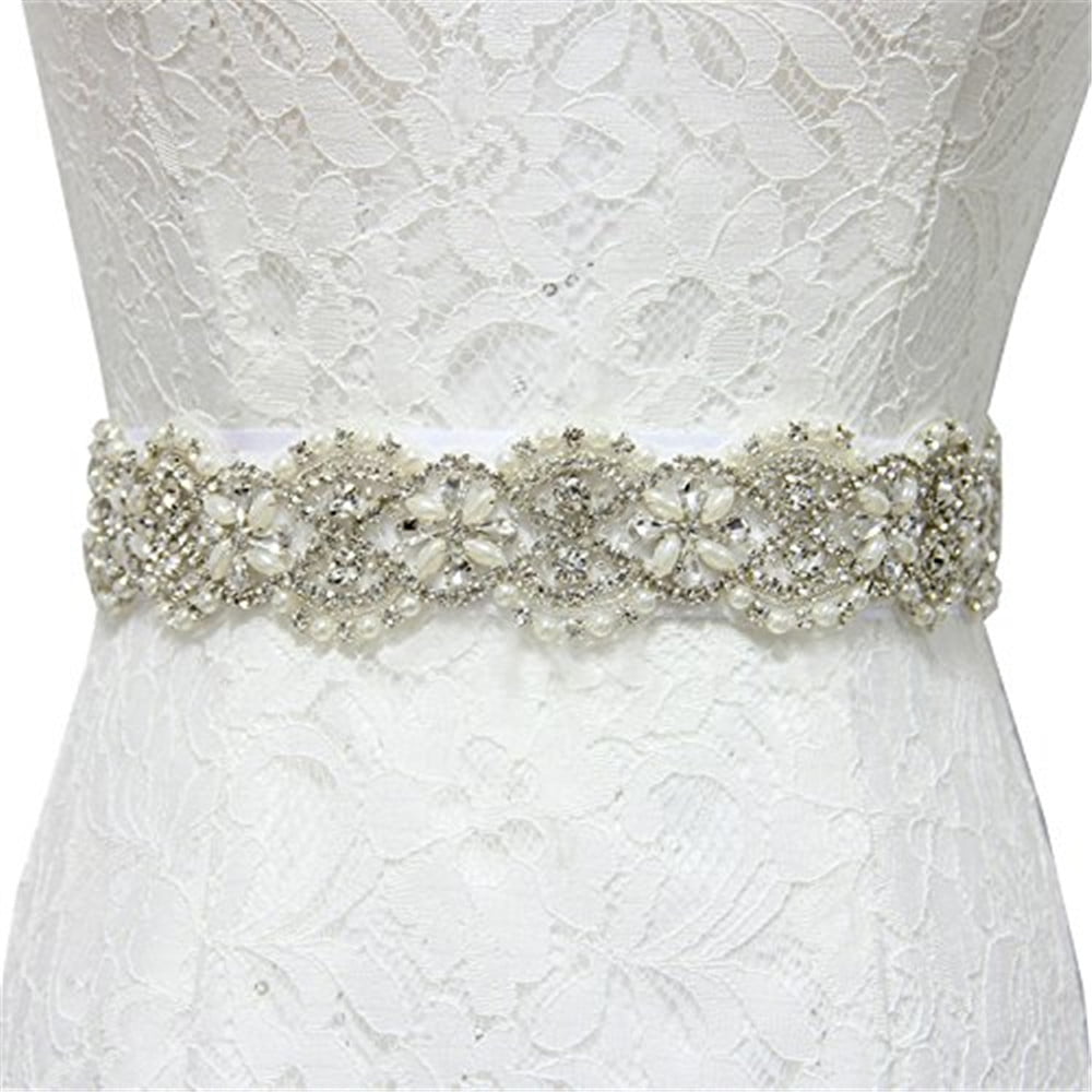 YZEO White Ribbon Sash Bridal Wedding Dress Rhinestone Vintage Beaded ...