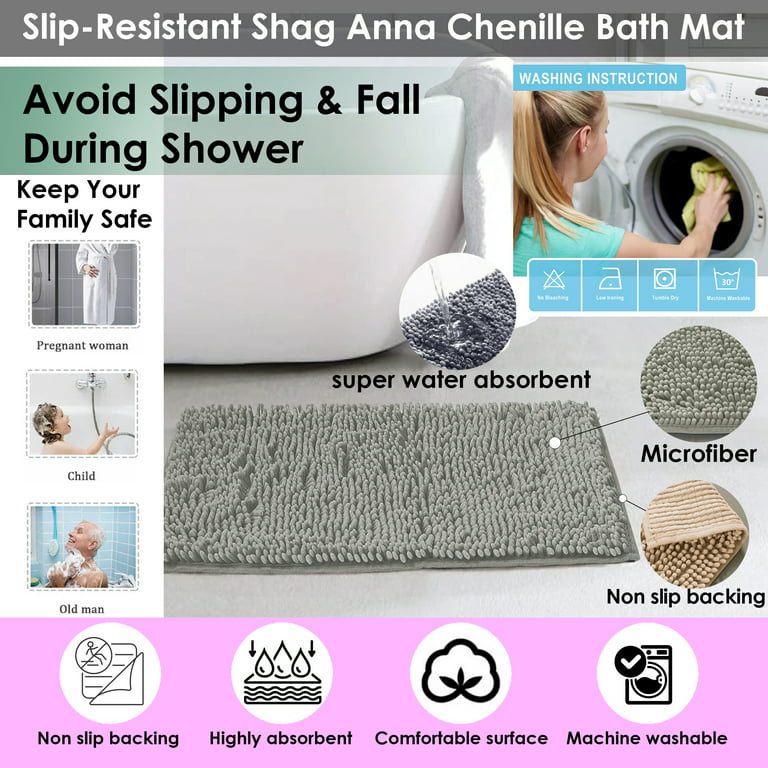 Slip-Resistant Shag Anna Chenille Soft Absorbent Bath Mat Bathroom