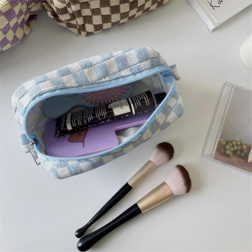 IMMEKEY Small Cosmetic Bag for Purse, Cute Velvet Checkered Makeup