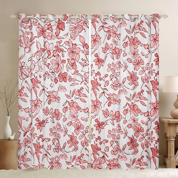 Manfei Teens Red Flowers Black Out Curtains,Spring Garden Curtains Pack of 2 (42x63 Each),Tree Leaves Bedroom Curtains,Breathable Home Decor