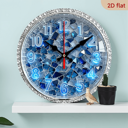 2D Flat 1pc 10Inch Wooden 1pc Luxury Blue Crystal Diamond Wall Clock - Silent Swiss Quartz Movement, Super Quiet Operation, 10Inch Round Modern Home Decor with Hands Blue Accents, Stylish