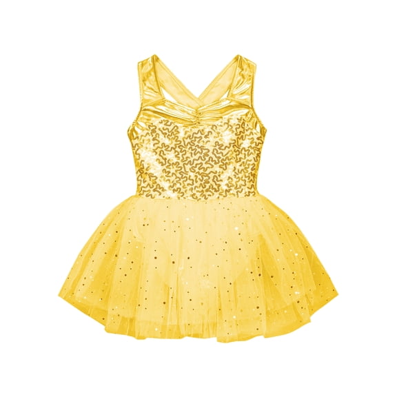 Hansber Kids Girls Sparkly Sequin Camisole Leotard Ballet Dance Tutu Dress for Jazz Modern Dance Performance Gold 12
