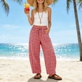 thumbnail image 6 of Oiangi Womens Gingham Plaid Pants Elastic Waist Baggy Barrel Pant Fall Casual Drawstring Travel Trousers with Pockets Red 2XL, 6 of 7