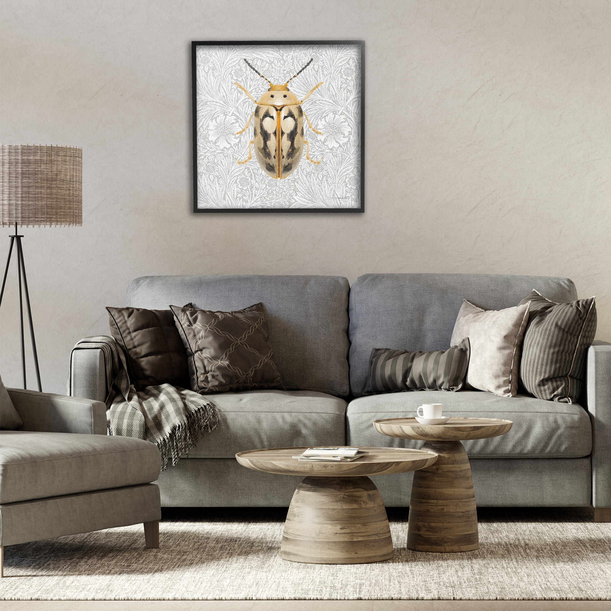 Stupell Industries Vintage Beetle Floral Pattern Animals & Insects Painting Black Framed Art Print Wall Art, 24 x 24