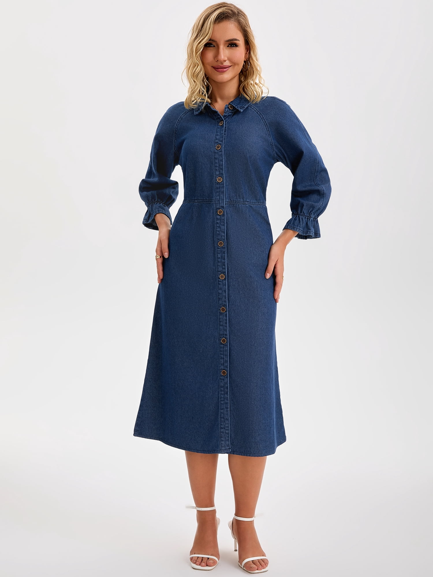 DARING DIVA Women's Ruffle 3/4 Sleeve Jean Button Down Shirt Dress M Dark Blue