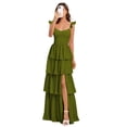 thumbnail image 1 of Vestido de dama de honor con tirantes finos escalonados, color verde oliva, 1 of 7