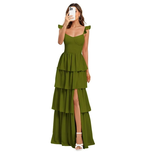 Vestido de dama de honor con tirantes finos escalonados, color verde oliva