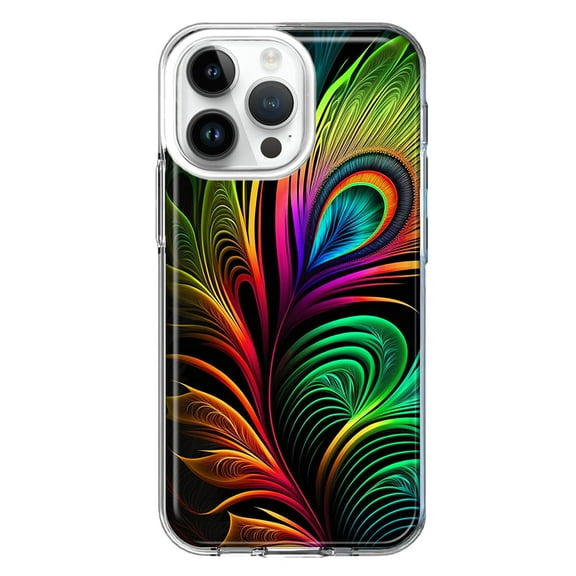 MUNDAZE Case for Apple iPhone 15 Pro Max Slim Hard Shell Soft TPU Hybrid Shockproof Heavy Duty Protective Phone Cover - Neon Rainbow Glow Peacock Feather