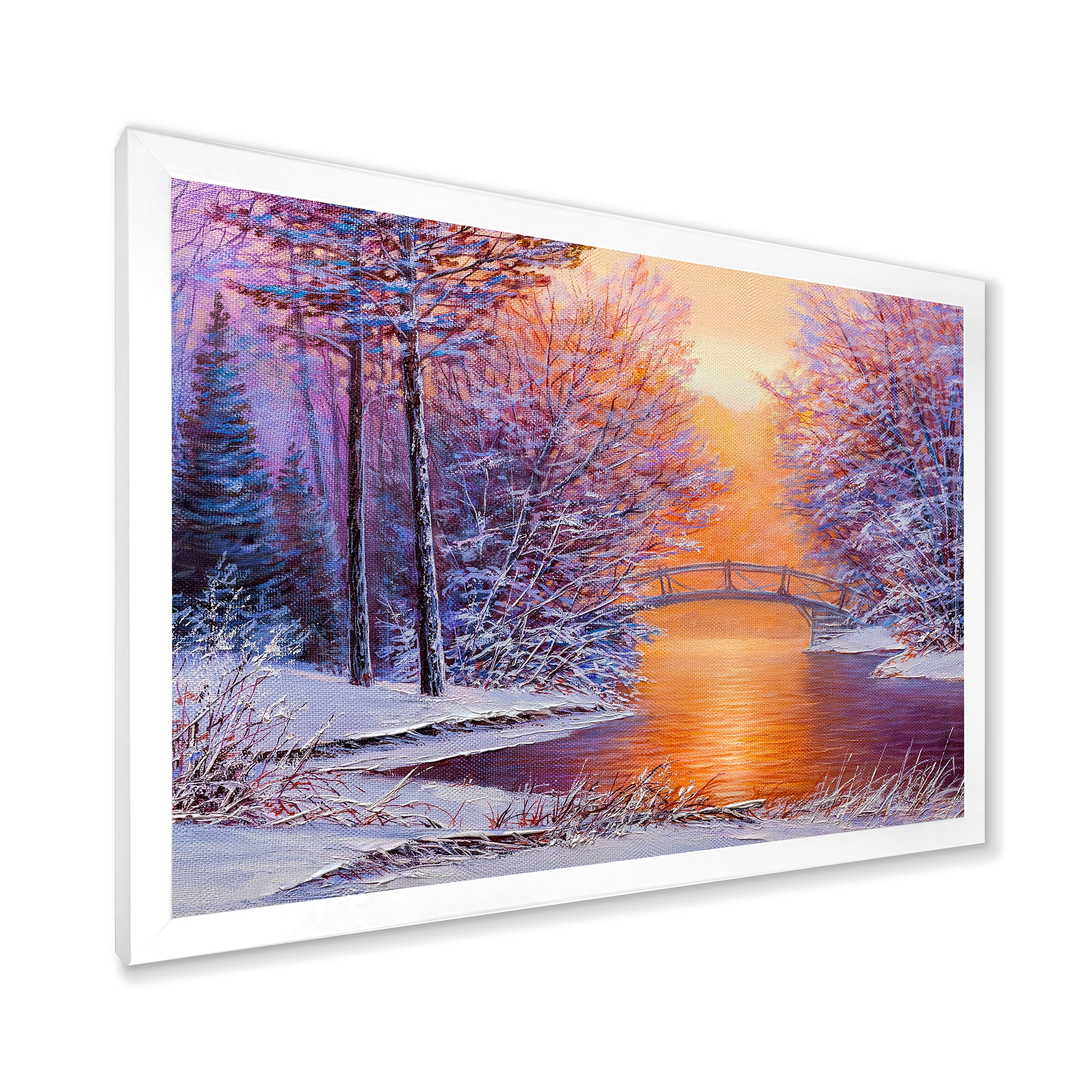 Designart 'Winter Landscape With Bridge Over The River' Traditional Framed Art Print
