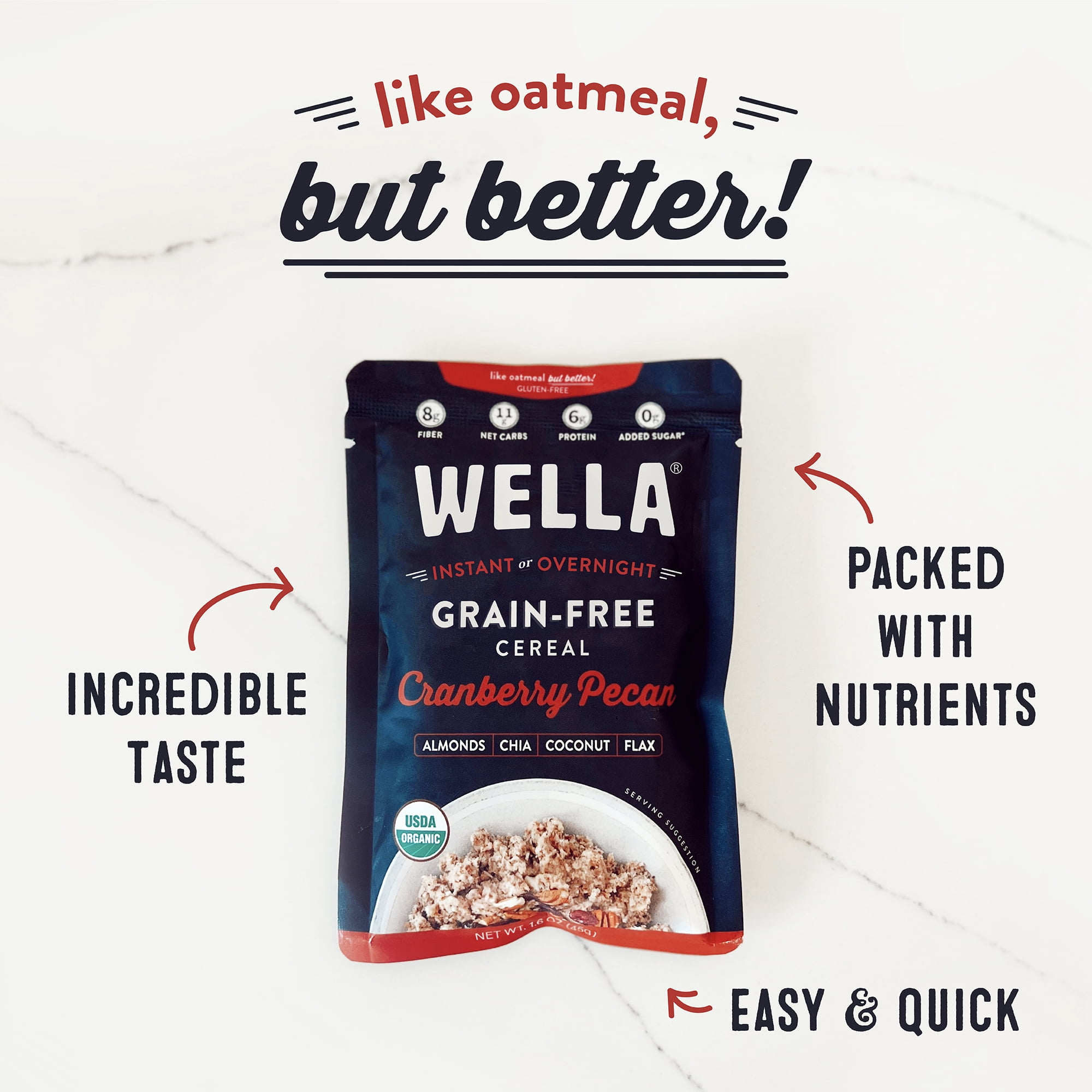 Wella Grain Free Cereal Oatmeal Alternative – Organic Cereal, Vegan High Protein Gluten Free Superfood – Paleo Plant-Based Non-GMO – Low in Net Carbs – Single-Serve 1.6 oz. - 10 Packets