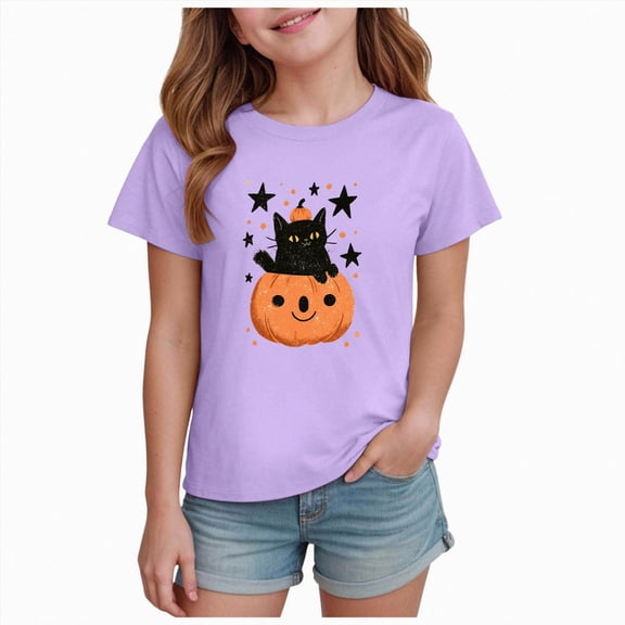 Ulanda Kids Halloween Shirt Boys Girls Pumpkin and Black Cat Graphic Tees Toddler Halloween Short Sleeve Tops (Purple, 5-6 Years)