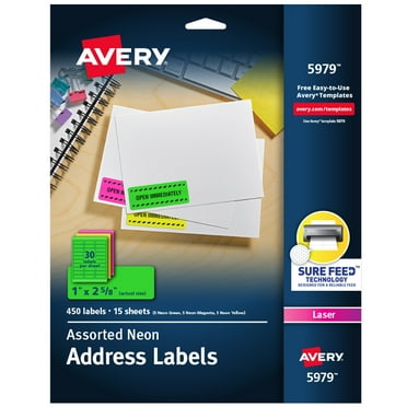 Avery Address Labels, 1" x 2-5/8", Paper, Matte Neon Colors, Laser, Sure Feed, 450 Labels (5979)