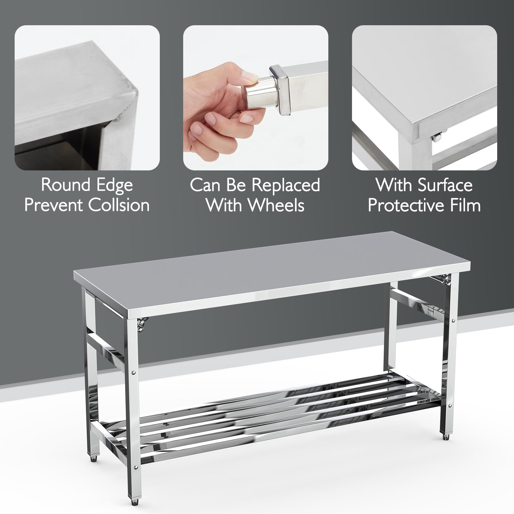 Mesa de acero inoxidable de 60 x 24 pulgadas, mesa de trabajo y preparación de metal NSF con estante inferior ajustable, para cocina comercial, restaurante, plata