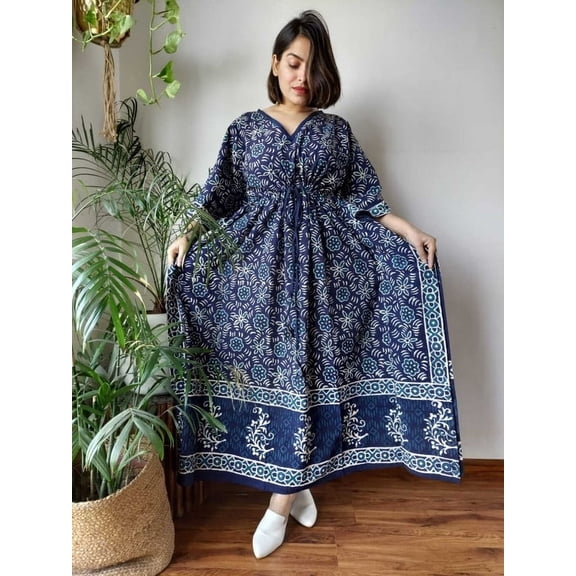 Indigo Handmade Cotton Kaftan dresses for women beach wear, resort wear, loungewear, sleepwear, cotton boho dress, women kaftan