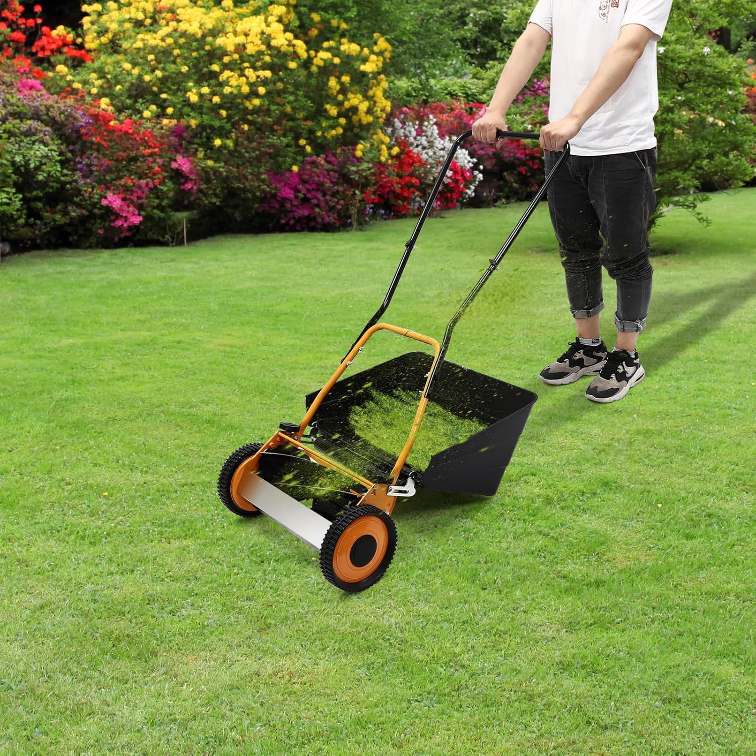 Push Reel Lawn Mower 16Inch Manual Push Mower Grass Trimmer with Grass Collecting Box Adjustable Cutting Height