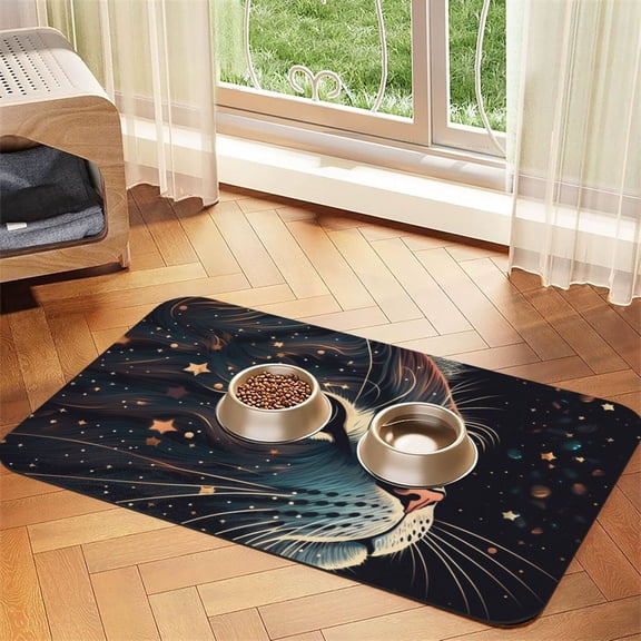Cat Face Starry Cute Kitty Absorbent PU Leather Pet Feeding Placemat Non-Slip Dog Cat Bowl Mat for Food Water 40x60cm