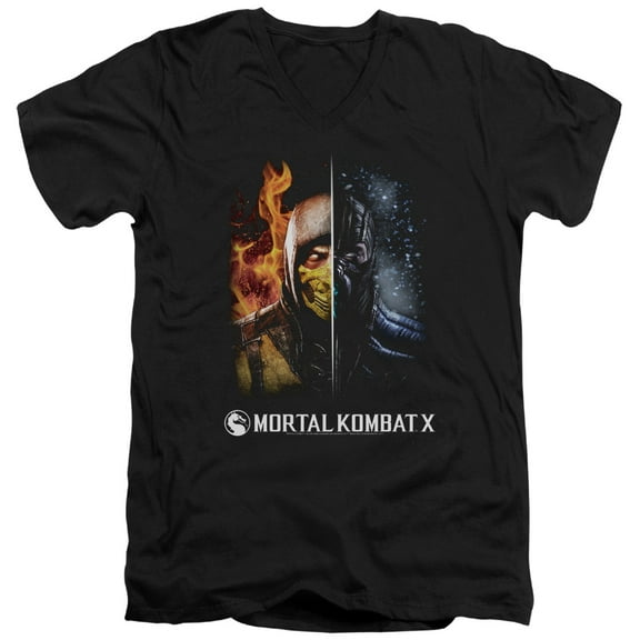 Trevco Sportswear WBM527-AV-3 Mortal Kombat Fire & Ice Adult Slim Fit V-Neck Cotton T-Shirt, Black - Large