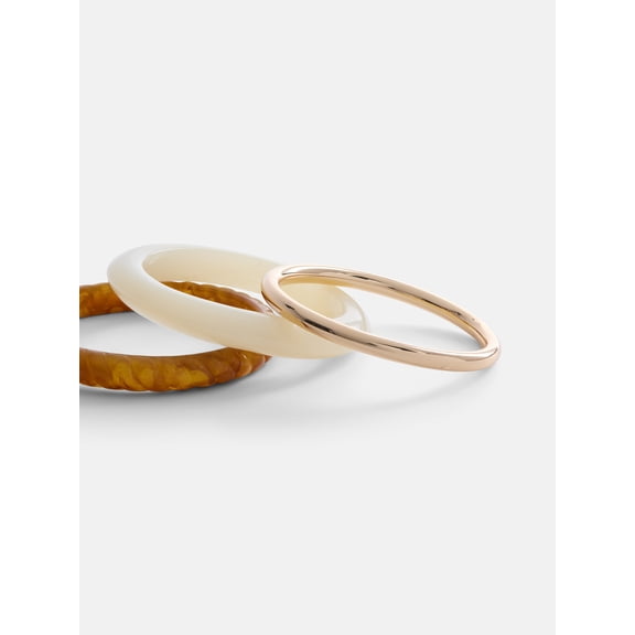 Scenario Women's Acrylic Brown, Cream Milky Swirl and Metal Bangle Set, 3-Piece