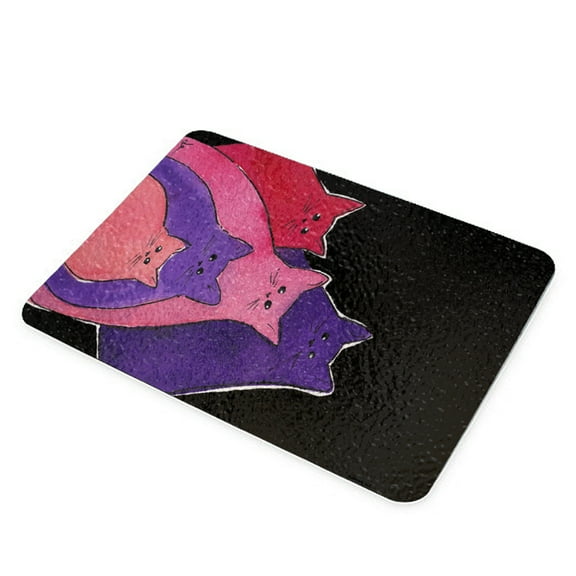 KuzmarK Glass Cheese Cutting Board 11"x7.75" - Pink Red Purple Abstract Kitites Cat Art by Denise Every