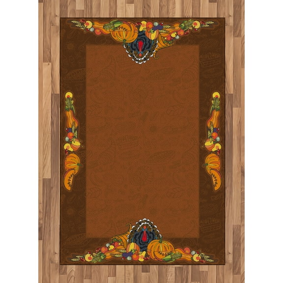 Thanksgiving Area Rug, Basket Harvest Pumpkin Turkey Apple Pie Fruit Vegetables Desert Dinner, Flat Woven Accent Rug for Living Room Bedroom Dining Room, 2.6' x 5', Cinnamon Marigold, by Ambesonne