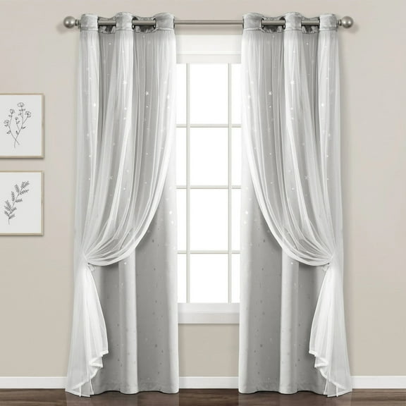 Lush Decor Star Sheer Insulated Grommet Blackout Window Curtain Panels Light Gray 38X84 Set