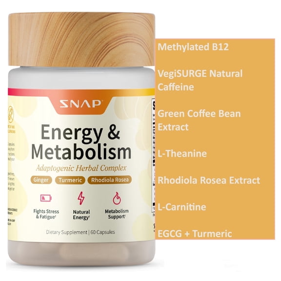 Snap Supplements Energy & Metabolism Boost Pill with Vitamins, Herbs, Ginger, Turmeric - 60 Capsules