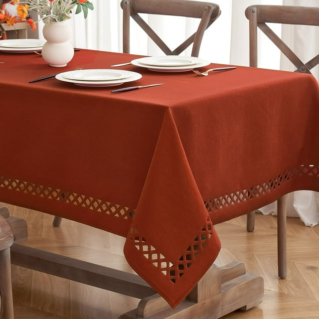 Natural Thick Polyester Square Tablecloth with Decorative Cutouts Stain Table Cloth Farmhouse Table Cover for Thanksgiving Dining Party Camping x