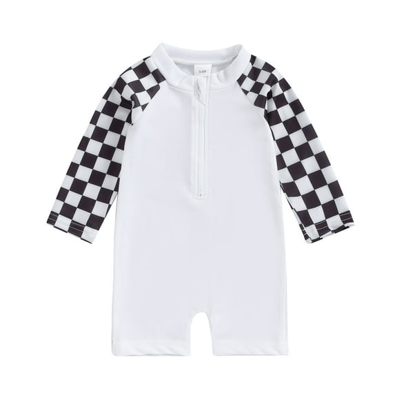 Aojekbee Little Boy Bathing Suit Checkerboard Long Sleeve Round Neck Zipper Rash Guard Swimsuit Infant Toddler Swimwear