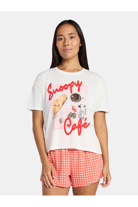 Snoopy Women's and Women's Plus Peanuts Sleep Tee and Shorts Pajama Set from Grayson Social, 2-Piece, Sizes XS-3X