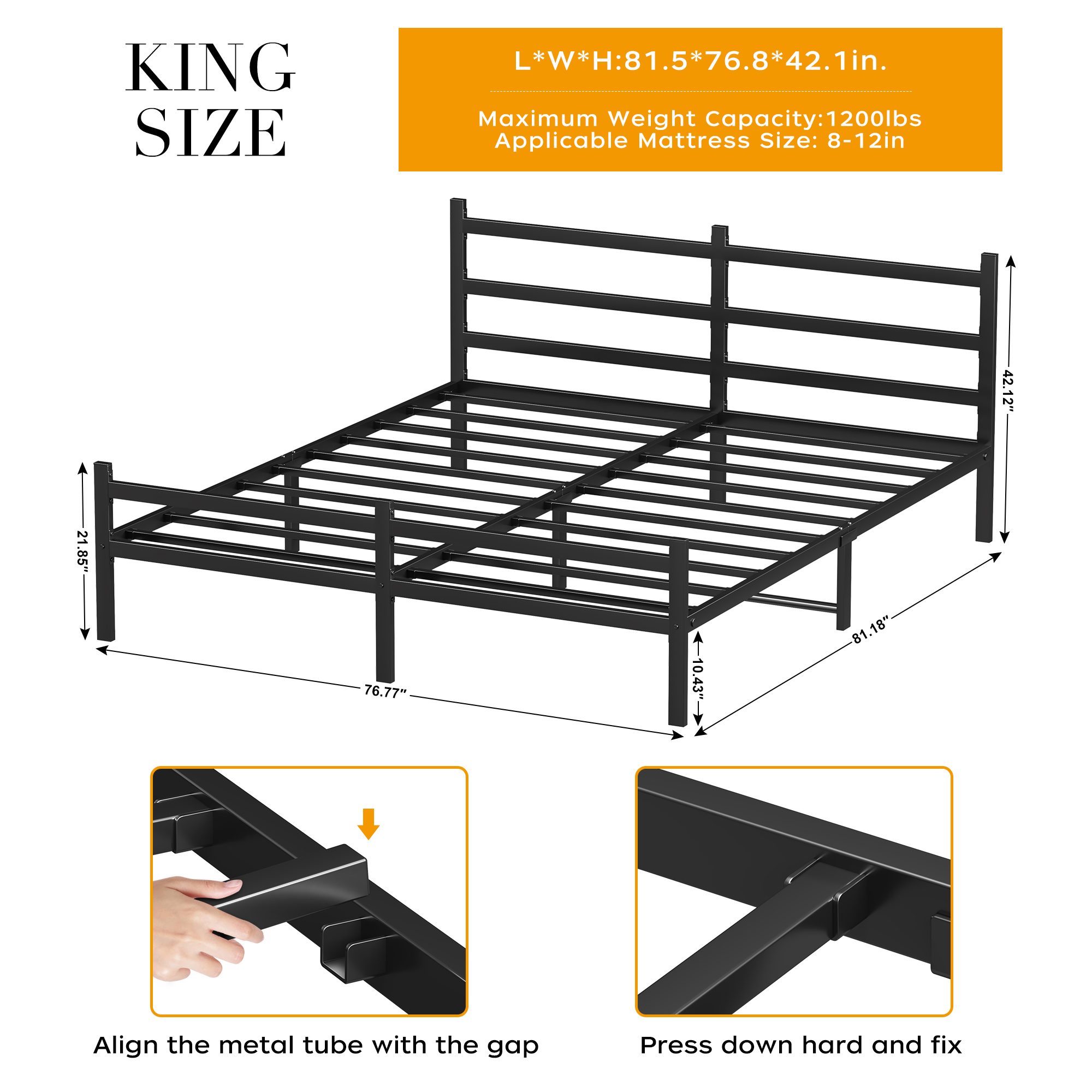 Heavy Duty Thick Metal Bed Frame With Headboard Footboard, 1200lb Load Capacity, King Size