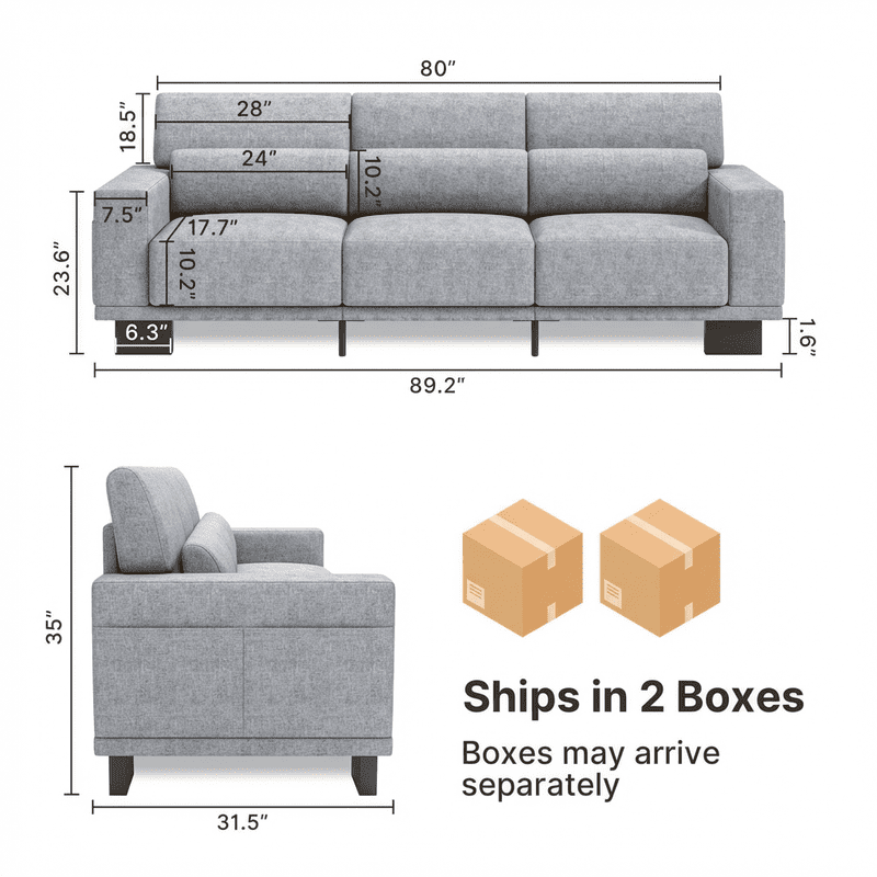 89”Chenille Upholstered 3-Seat Couch, Stylish Modern Design with Broad Armrests & Thick Cushions, Perfect for Home, Apartment & Living Area,Light Grey
