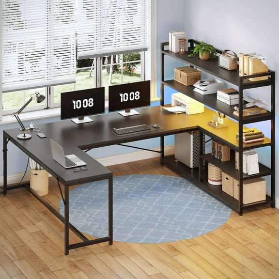 63 Inch U-Shaped Desk with Power Outlet & LED Lights, Reversible Gaming Desk with 5-Tier Storage Shelves, Computer Desk with Spacious Desktop, Corner Desk for Home Office, Black
