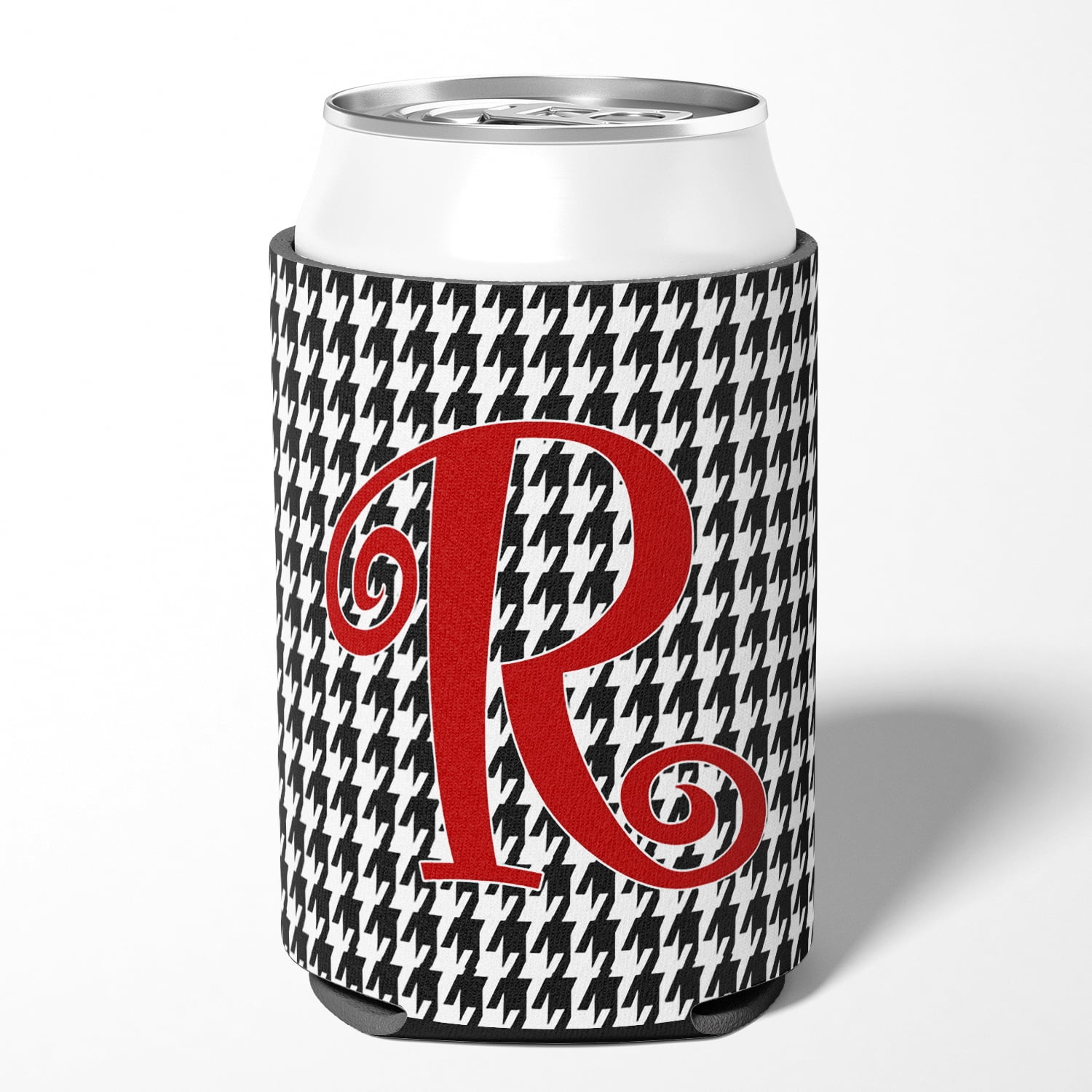 Letter R Initial Monogram - Houndstooth Black Can or Bottle Hugger