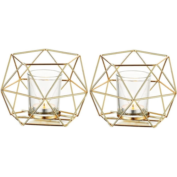 FloreceBien Portavelas de metal - Juego de 2 portavelas geométricos para velas de té, candelabros, farolillos, decoración geométrica moderna para mesas, fiestas, bodas, salas de estar, Navidad