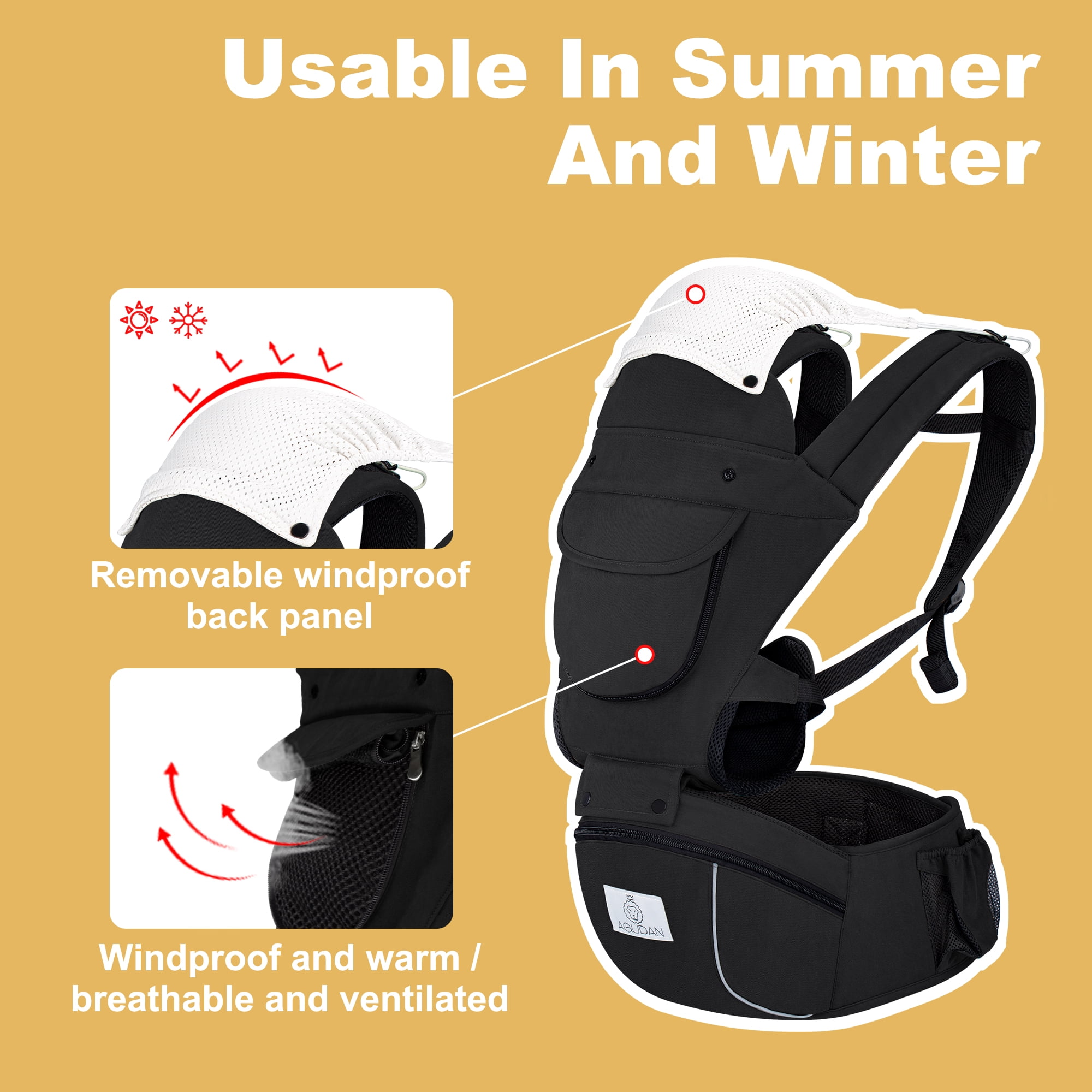 AGUDAN Baby Carrier with Hip Seat, 6 in 1 Ergonomic Unisex Waist Stool, 0-36 Months