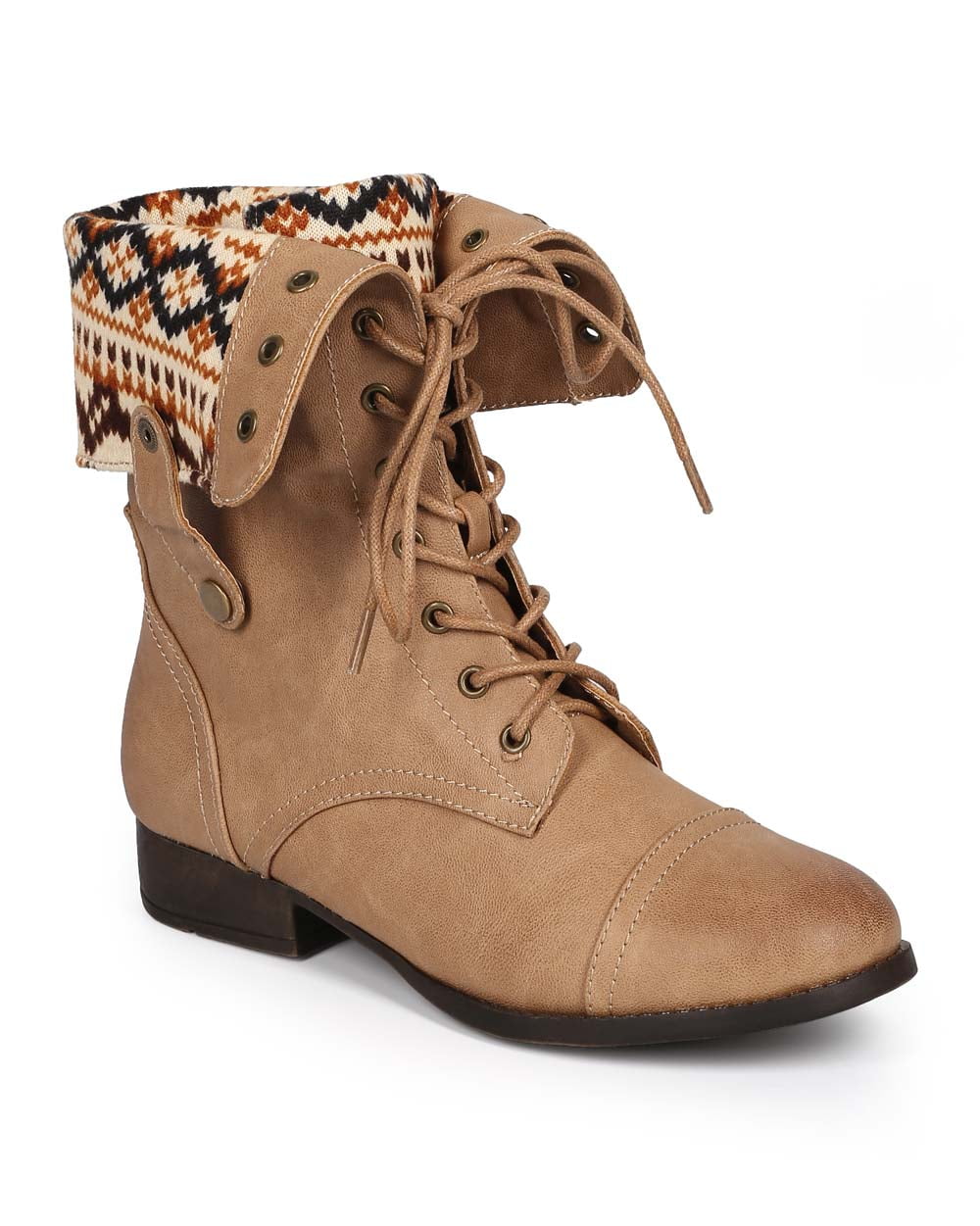 DbDk CI81 Women Distressed Leatherette Tribal FoldOver Combat Boot