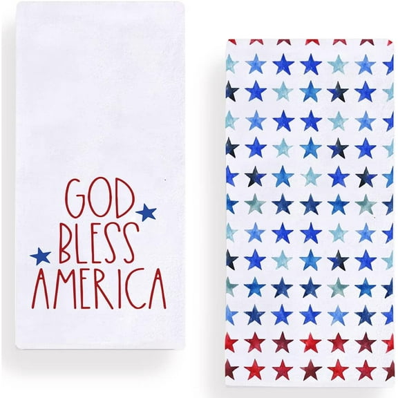 God Bless Ameica Patriotic Stars 4th of July Kitchen Towels Dish Towels, Memorial Day 18x26 Inch Decoration Hand Towels Set of 2