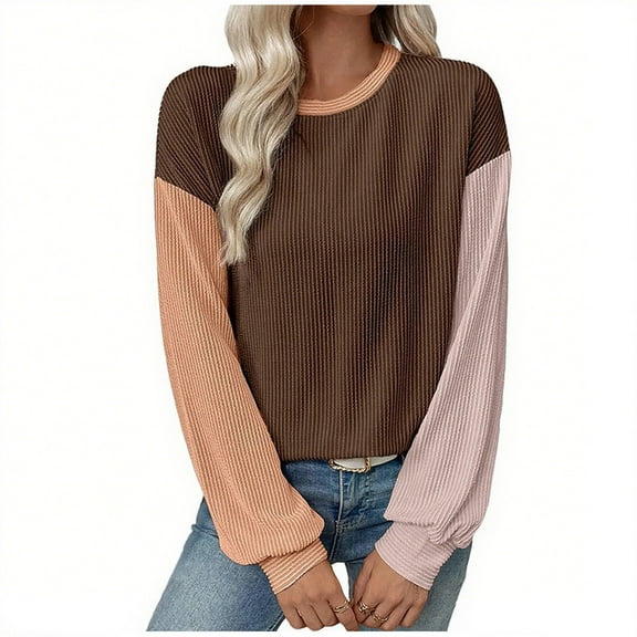Womens Fashion Color Block Waffle Pattern Shirts Long Sleeve Crewneck Knitted Casual Loose Pullover Shirts Tops