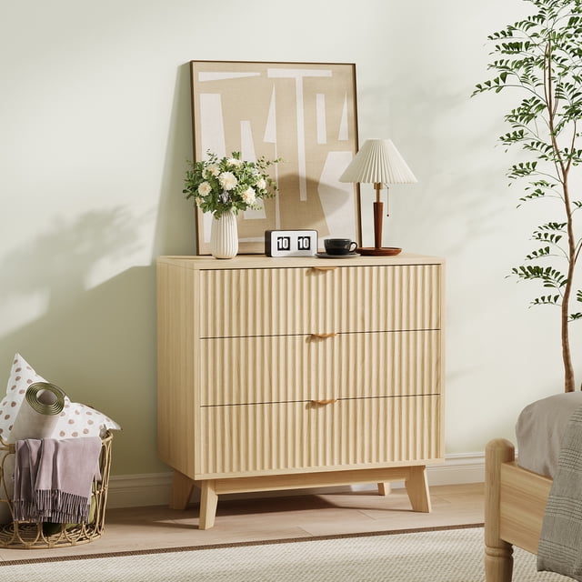 Commodes à 3 Tiroirs, Commodes Modernes à Cannelures pour Garde-Robe, Commode de Rangement en Bois Organisateur de Tiroirs pour Chambre et Salon