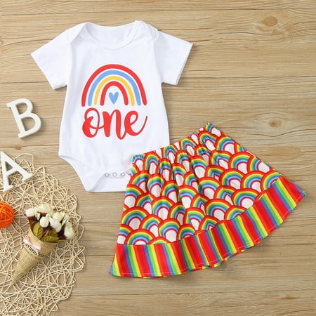 

IROINNID Mid-Length Flutter Skirt For Girl Round Neck Newborn Infant Baby Summer Birthday Letter Romper+Rainbow Skirt Outfits Short Sleeve One-Piece Skirt Multicolor