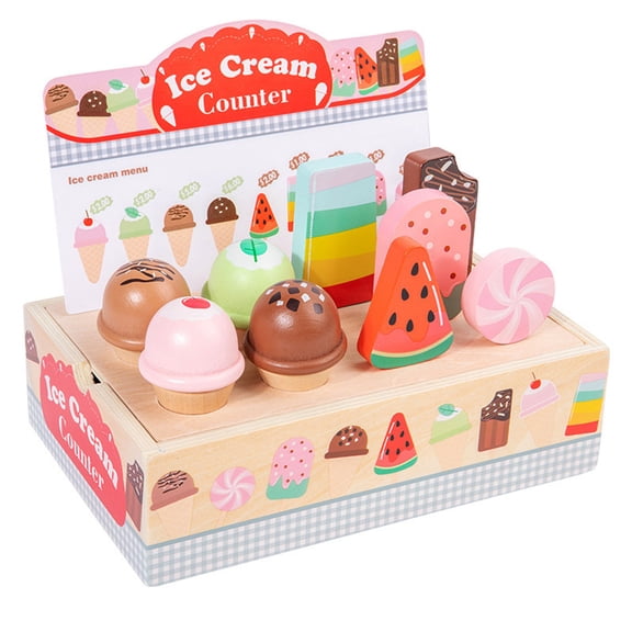 BUTOMKY Wooden Ice Cream Counter Playset, Pretend Play Store Simulation Toy, Play Kitchen Accessories Role Playing House Educational Gift for Toddlers Kids Ages 3 
