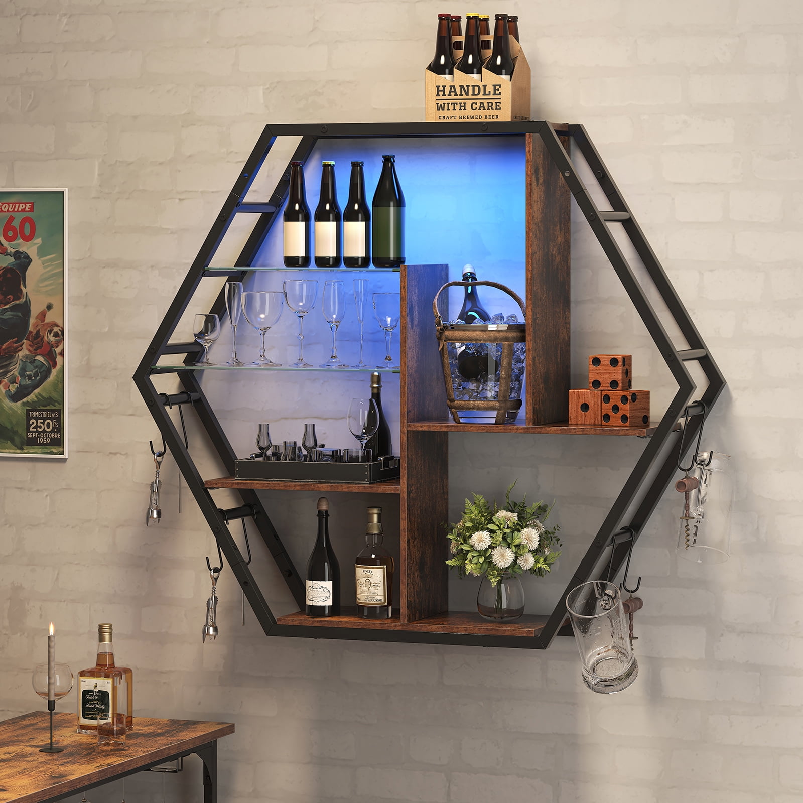 Spacesea Floating Shelves with Lights, Led Shelves for Wall, Gaming Room Decor Display Shelf, Lighted Bar Shelves, Extra Hanging Hooks Storage