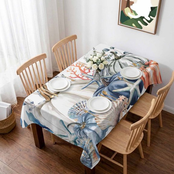 Blue Pumpkin Coastal Fall Table Cloth Waterproof Tablecloths, Thanksgiving Starfish Summer Beach Tablecloth Dining Table Cover for Kitchen Party Tabletop Outdoor, Rectangle Tablecloth 60x84 Inch