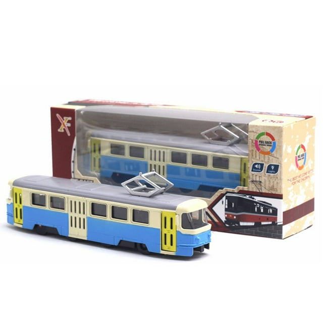 YOPTOP Tramway de Train Classique Moulé sous Pression à Rétrofriction avec Musique à DEL Jouet de Développement pour Enfants, Bleu Gris
