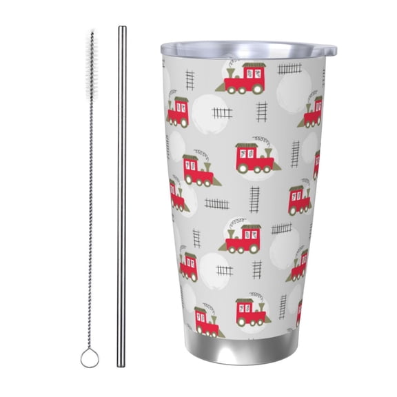 Logiee Trains Print 20OZ Car Cup with Lid, Stainless Steel Vacuum Insulated Double Wall Travel Tumbler, Durable Insulated Coffee Mug,Thermal Cup with Straw-Straw Two-piece Set