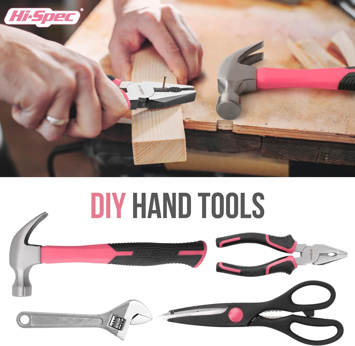 Hi-Spec 54-Piece Pink Tool Kit with Screwdrivers, Wrenches, Hammer & Driver Bits for DIY & Household Repairs