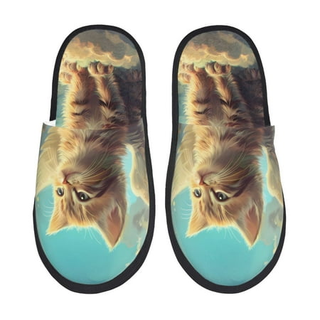 

Fuzoiu Sunshine Cloud Cute Cat Print Unisex Furry Slippers Plush Indoor Shoes Trendy House Slippers Anti-Skid EVA Sole House Shoes for Home Office and Travel -Medium